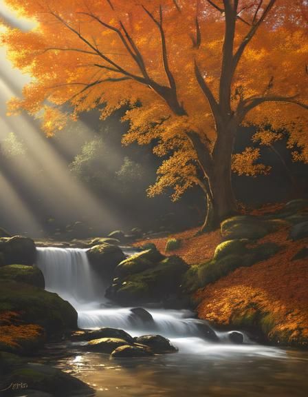 fall leaves on trees around a creek