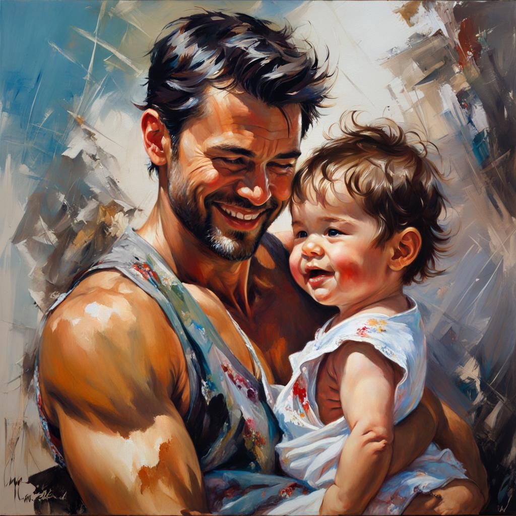 painting of a loving father holding his child.  by @Terra