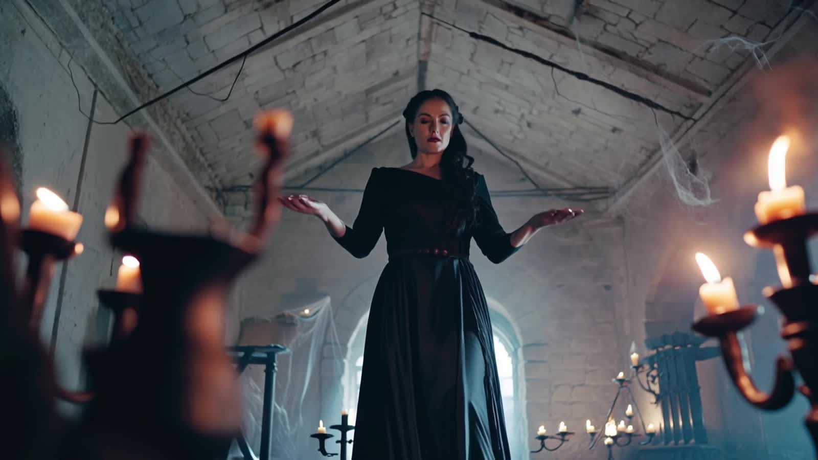 Evil woman casting a spell on an eerie setting