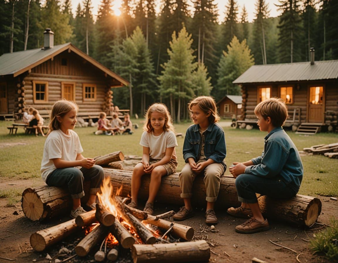 35mm photographic image of a 50's Summer children's camp sitting around a campfire with log cabins in ...  by @ArdRi6