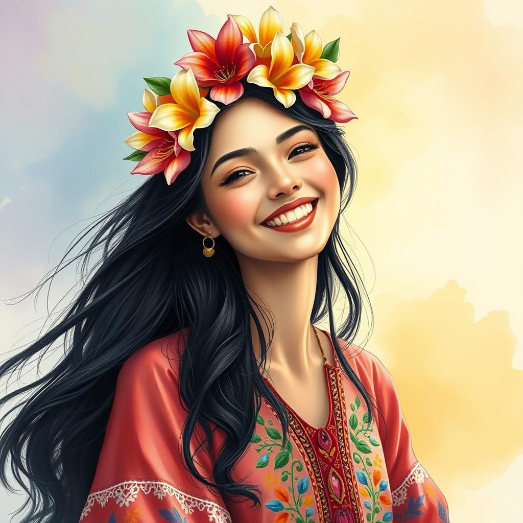 A young woman in a multicolor boho style dress