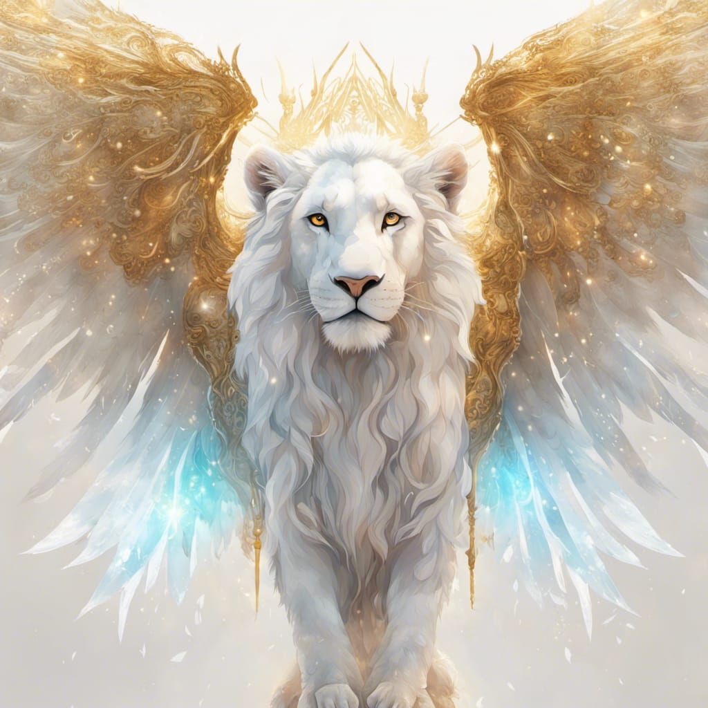 A angelic white lion with spreading arms with glowing intricate transparent wings, symetrical hyperdetailed texture, gol...