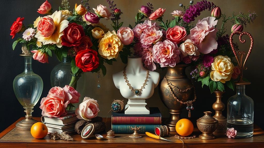 Weird Vanitas still-life flowers, vases, glass, sculpture, b...