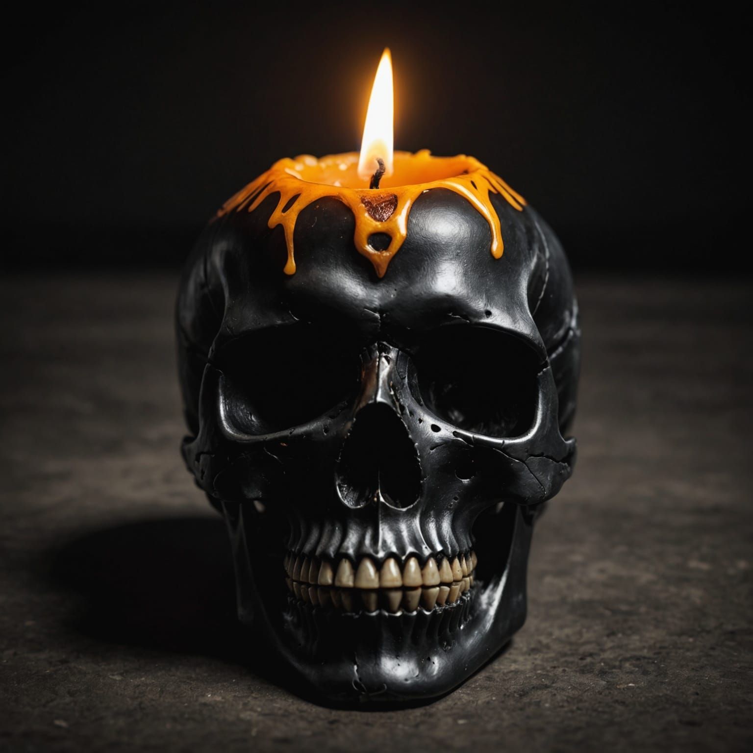 Candle flame burning inside of a black skull. 