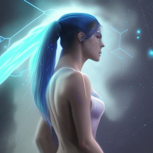 She has long dark purple hair pulled back into a ponytail, h...