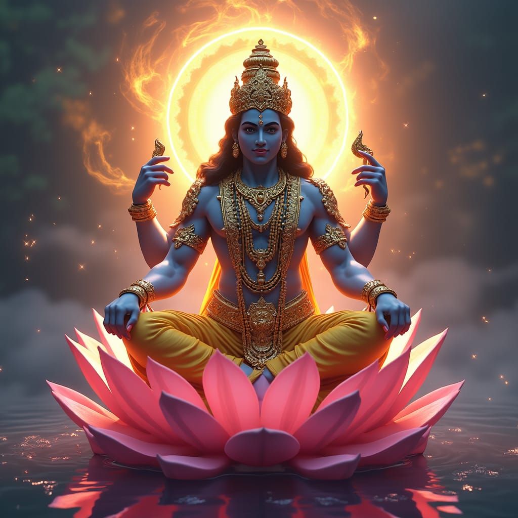 Lord Vishnu on Lotus Flower: Fantasy Concept Art