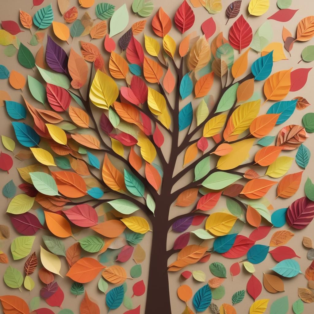A colorful collage of layered paper leaves in different shap...