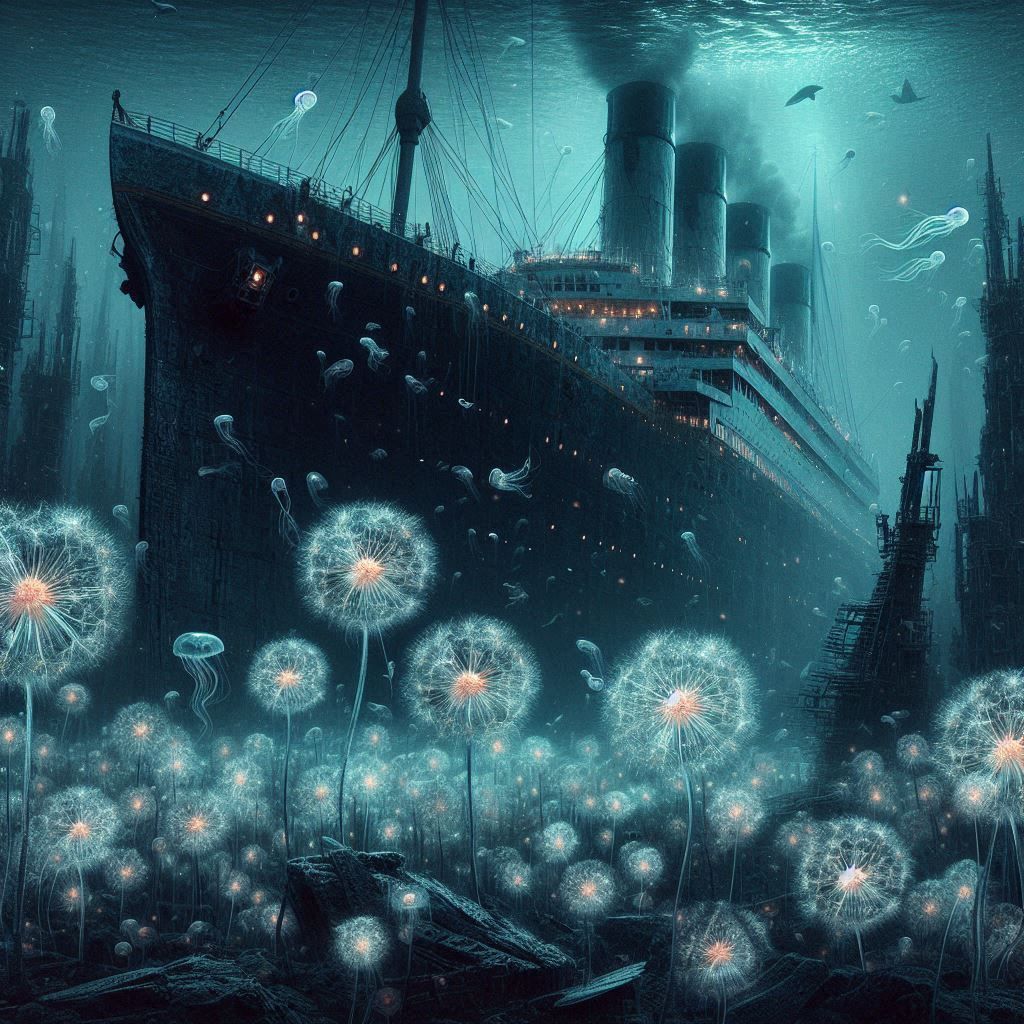 🛳️🌊🌫️🌲🌌🌙🌊 silhouette of RMS Titanic, bioluminescent d...
