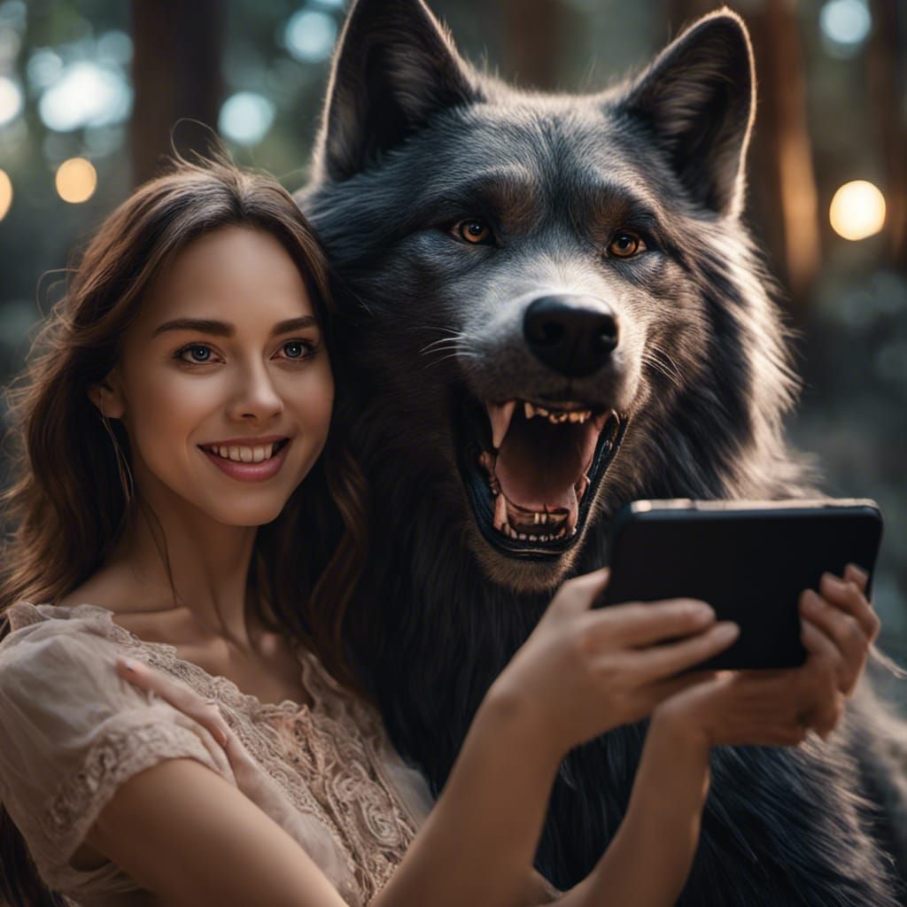 Women takes selfie  with a werewolf