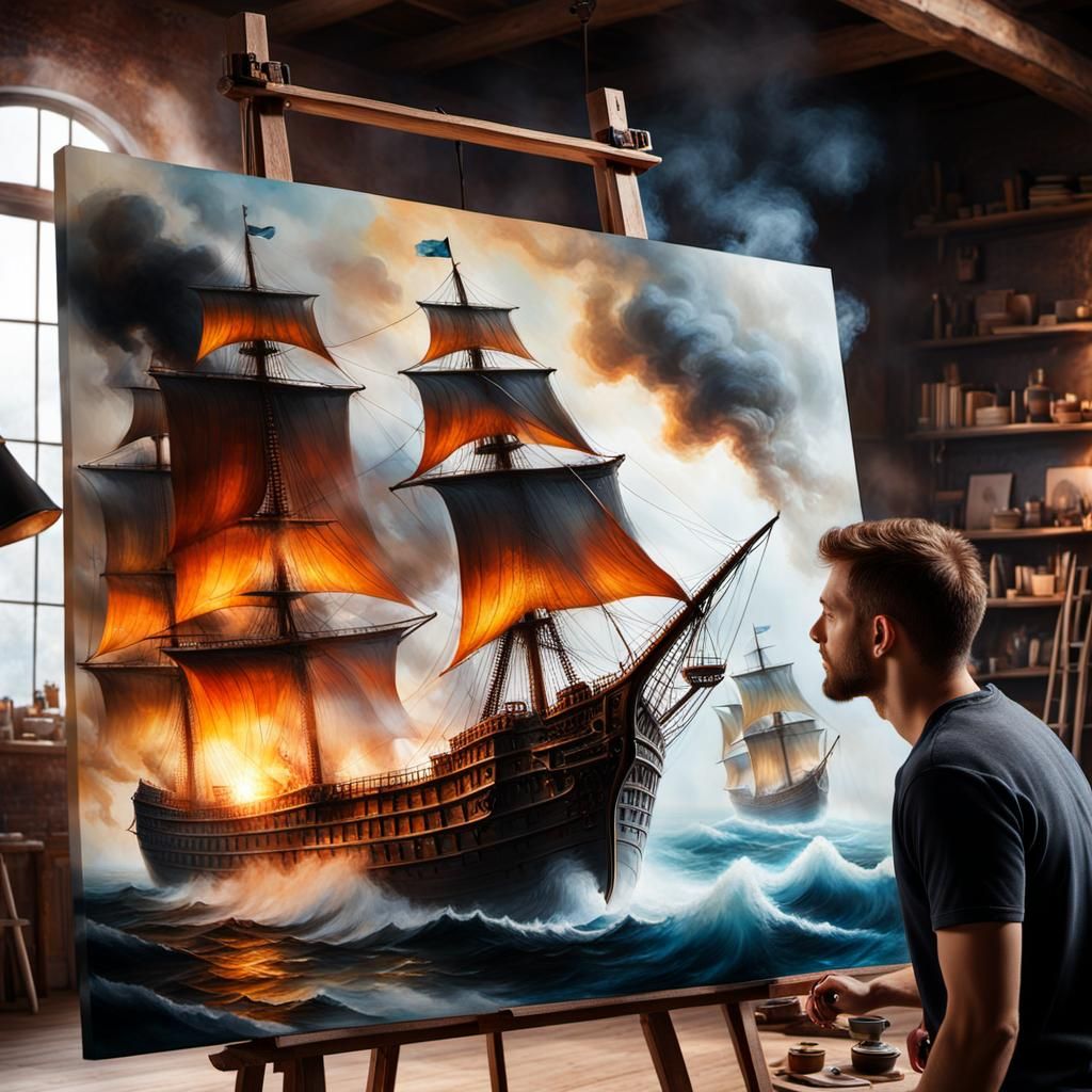 Artist Painting Ghostly Ship in Cozy Studio