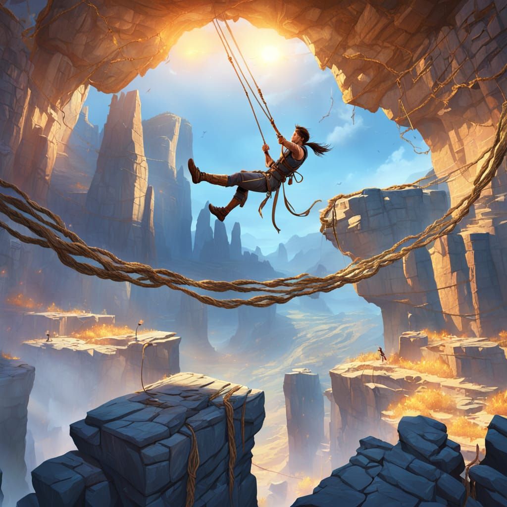   A lone adventurer swings across a canyon to reach a crumbling stone structure. ...  by @Vitali