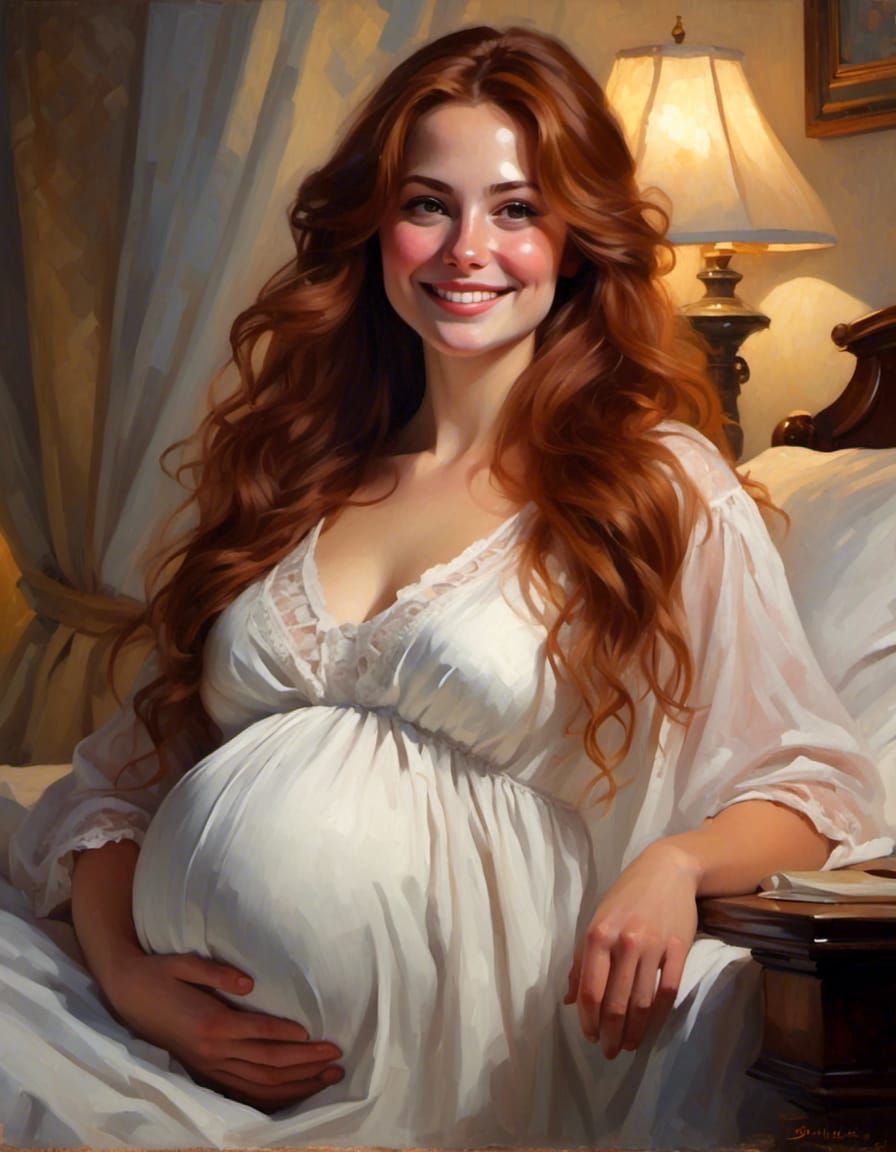 Beautiful curvy pregnant young Victorian woman with long aub...