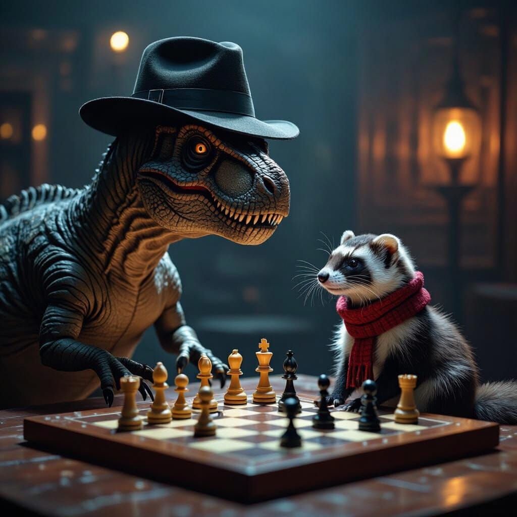 A T-rex with a Fedora hat playing chess against a ferret who is wearing a scarf. The ferret is sitting on the chess board. The art should be...