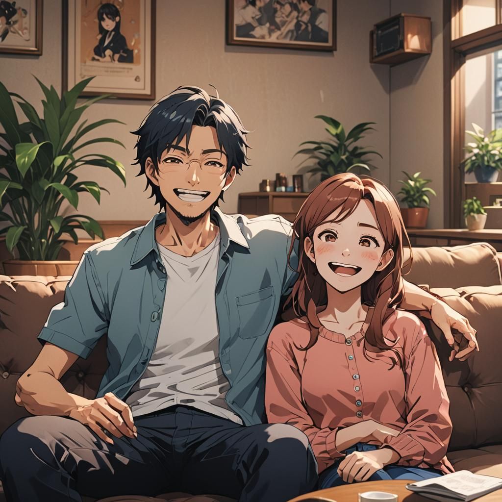 a man siting on a Sofa with a girl laughing together