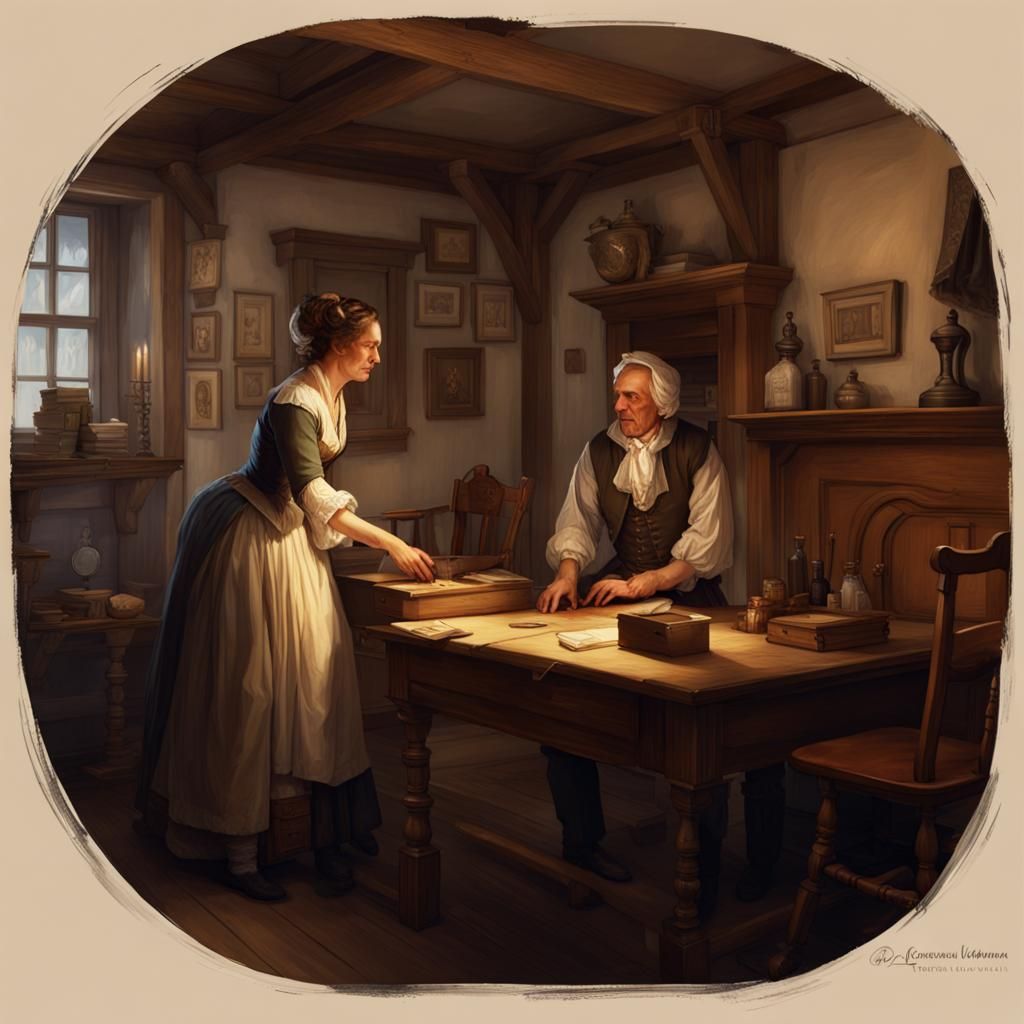 A colonial woman tavern - innkeeper showing one man renter a bedroom in ...