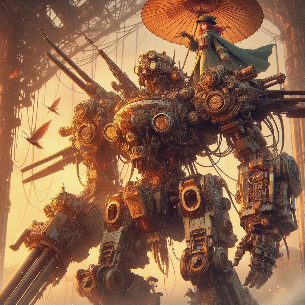Steampunk mecha and her pilot