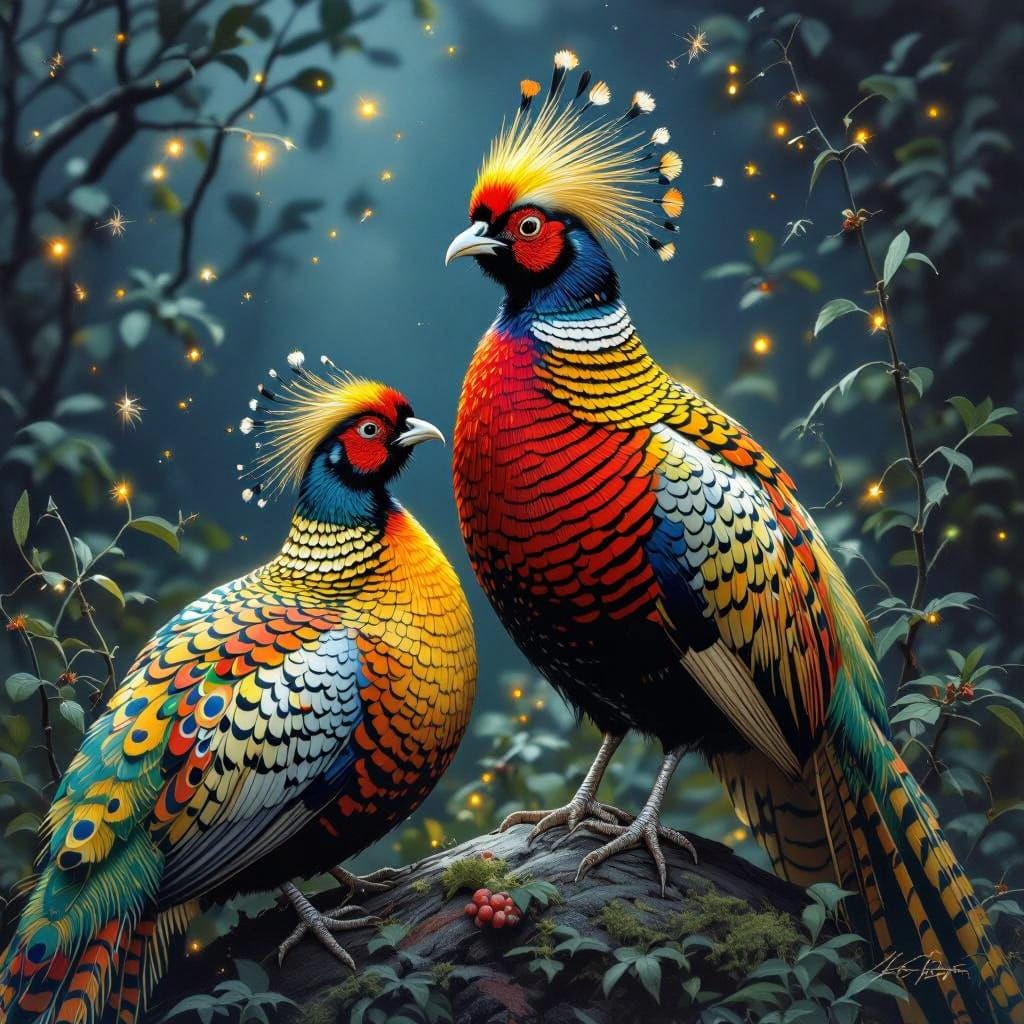 Male Golden Pheasant with his mate in a field of White Japanese lilacs #2