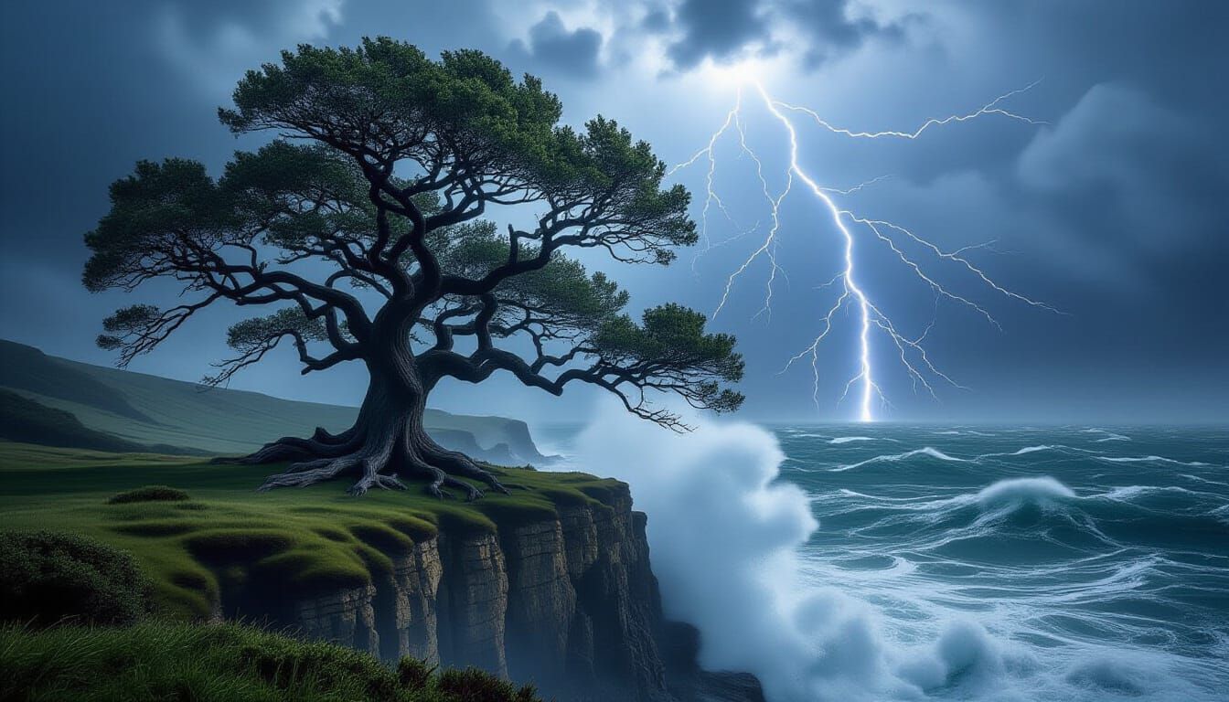 A majestic, ancient oak tree standing resiliently on a windswept cliff overlooking a turbulent, stormy ...  by @LTSings