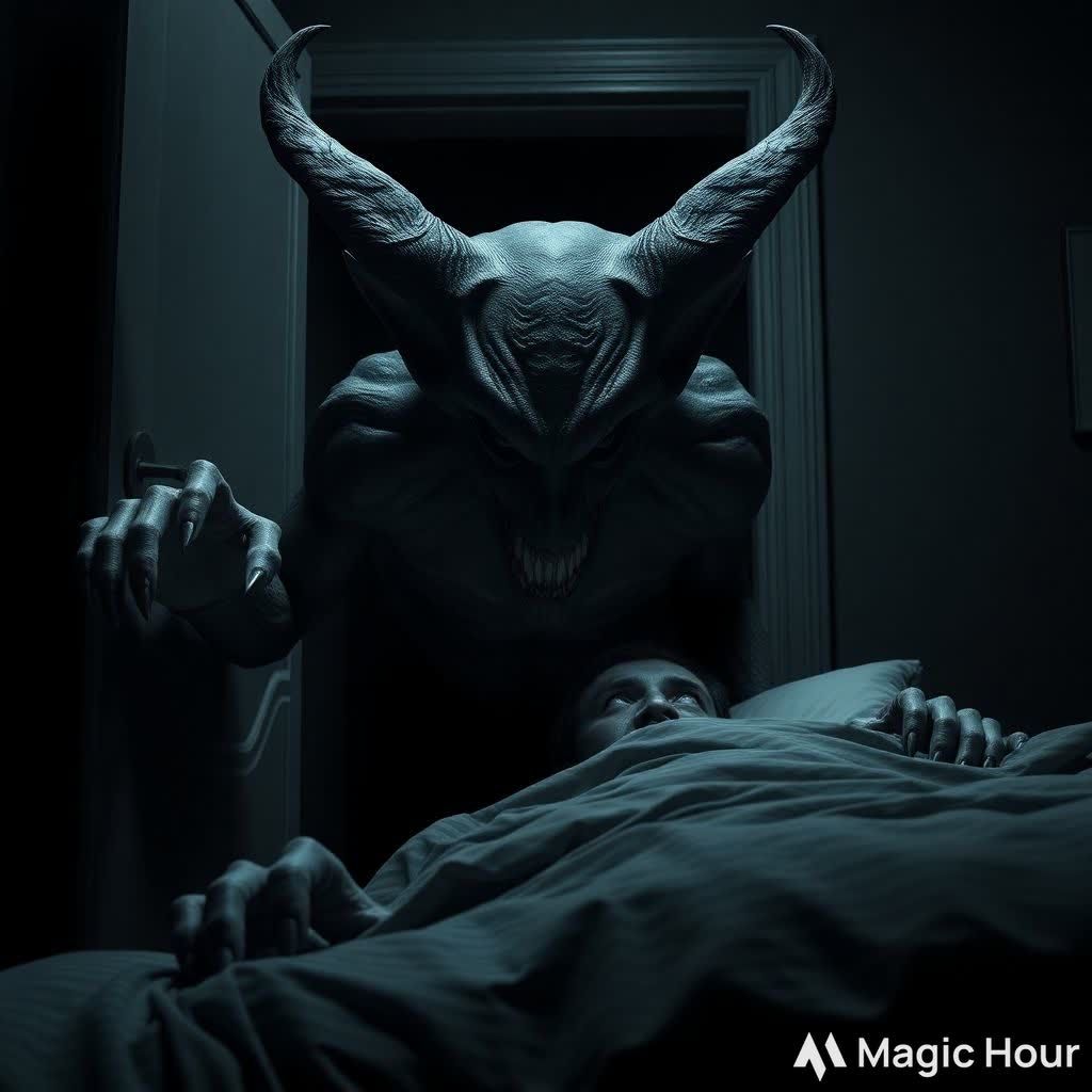 Creepy dark fantasy macabre horror art creations of an evil dream demon towering over the viewer sleeping in bed while C...