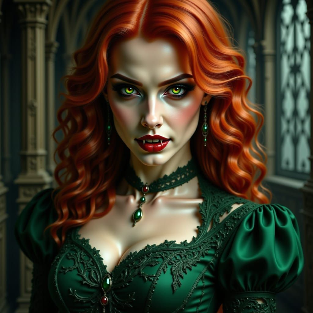 A beautiful wavy redhead with emerald green eyes is a vampire woman with fangs. Her gown is embroidered emerald green.  Cemetary background....