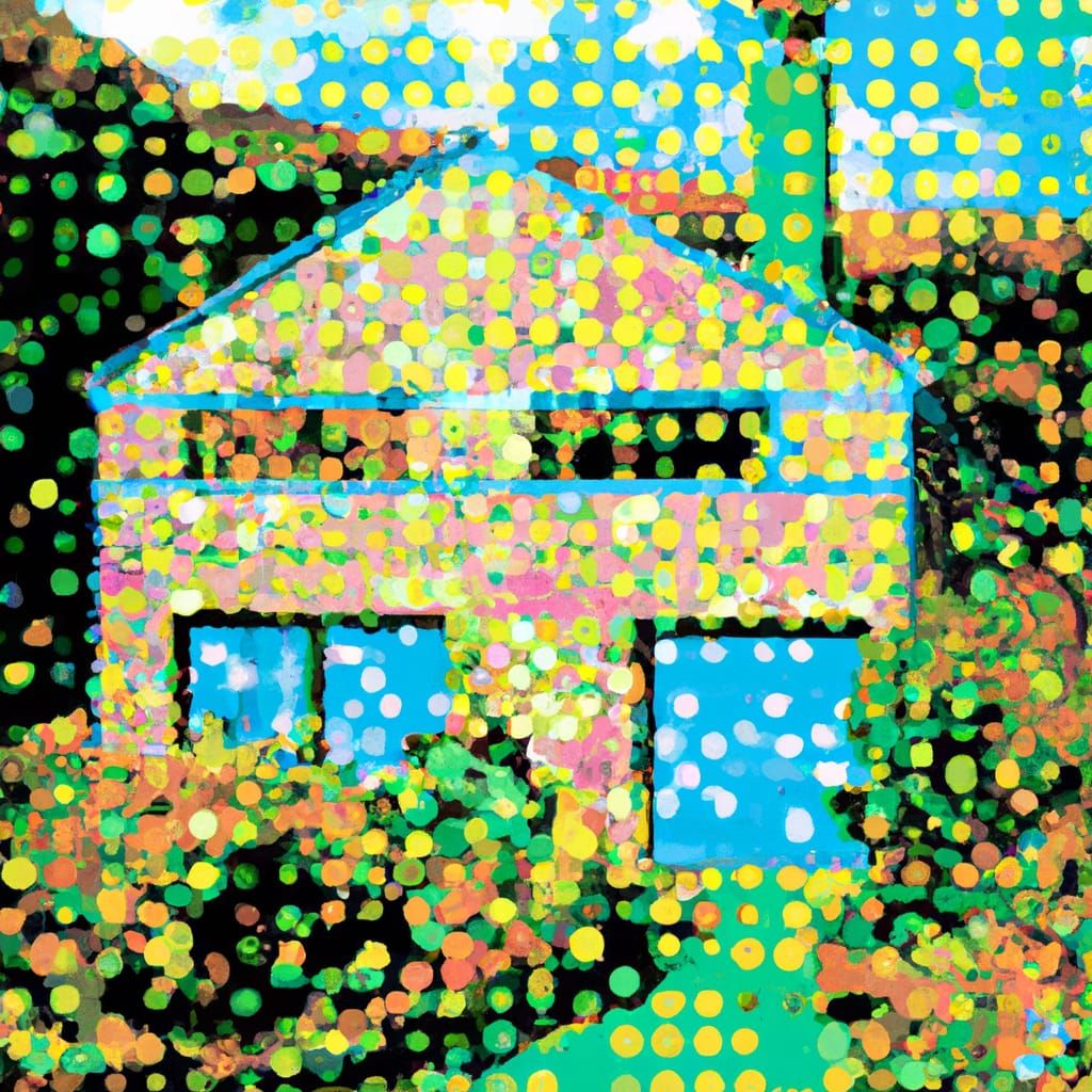 a stone cottage with attached greenhouse cozy pointillism st...