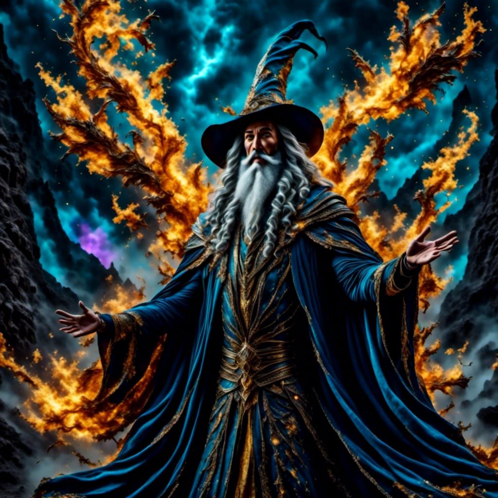 Glowing-Eyed Wizard in a Fantasy Landscape