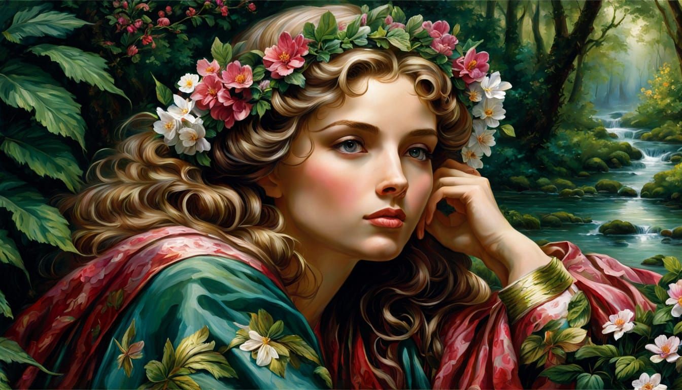 close view, tightly croped, face, A woman in an ornate, medieval-style robe, deep in thought she looks past you as she rests her chin on her...