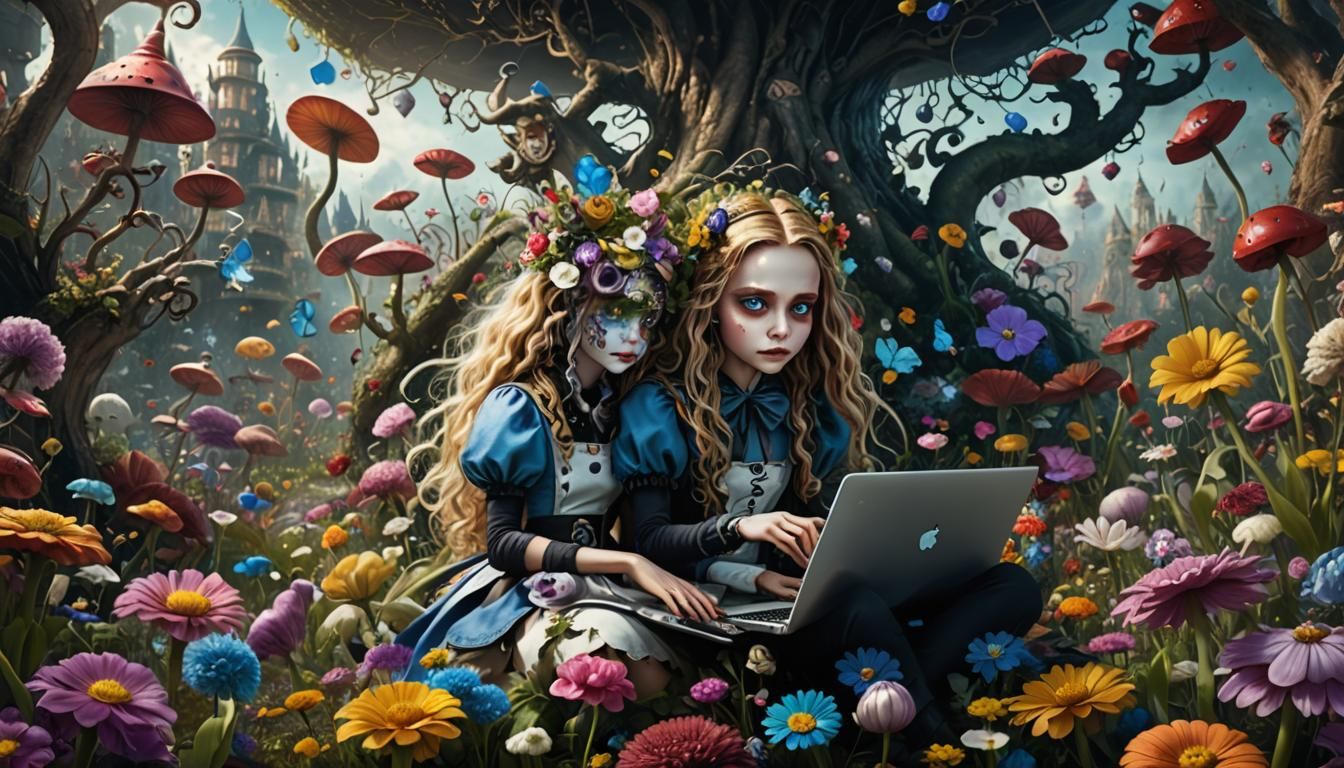 alice in wonderland with a laptop and surrounded by odd flow...