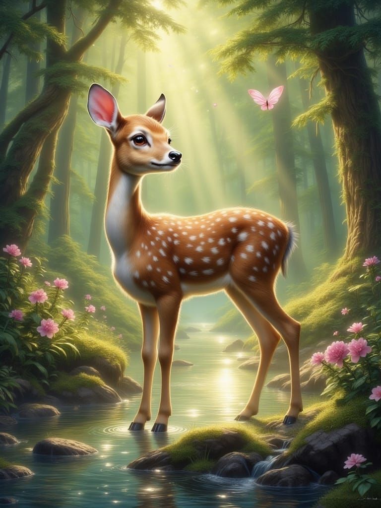 Fawn in Enchanted Forest Stream, Painterly Style