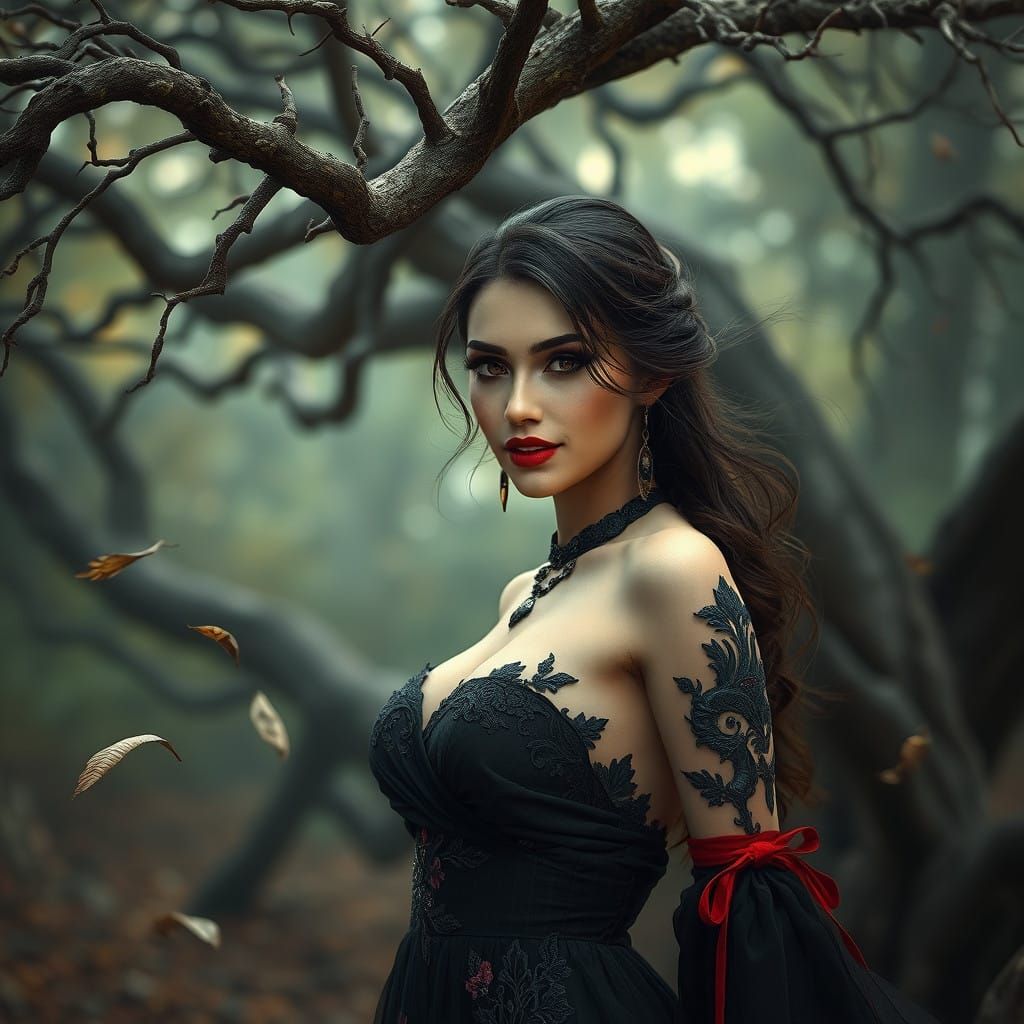 Ethereal Fantasy Goddess in Condor Dress Under Ancient Tree