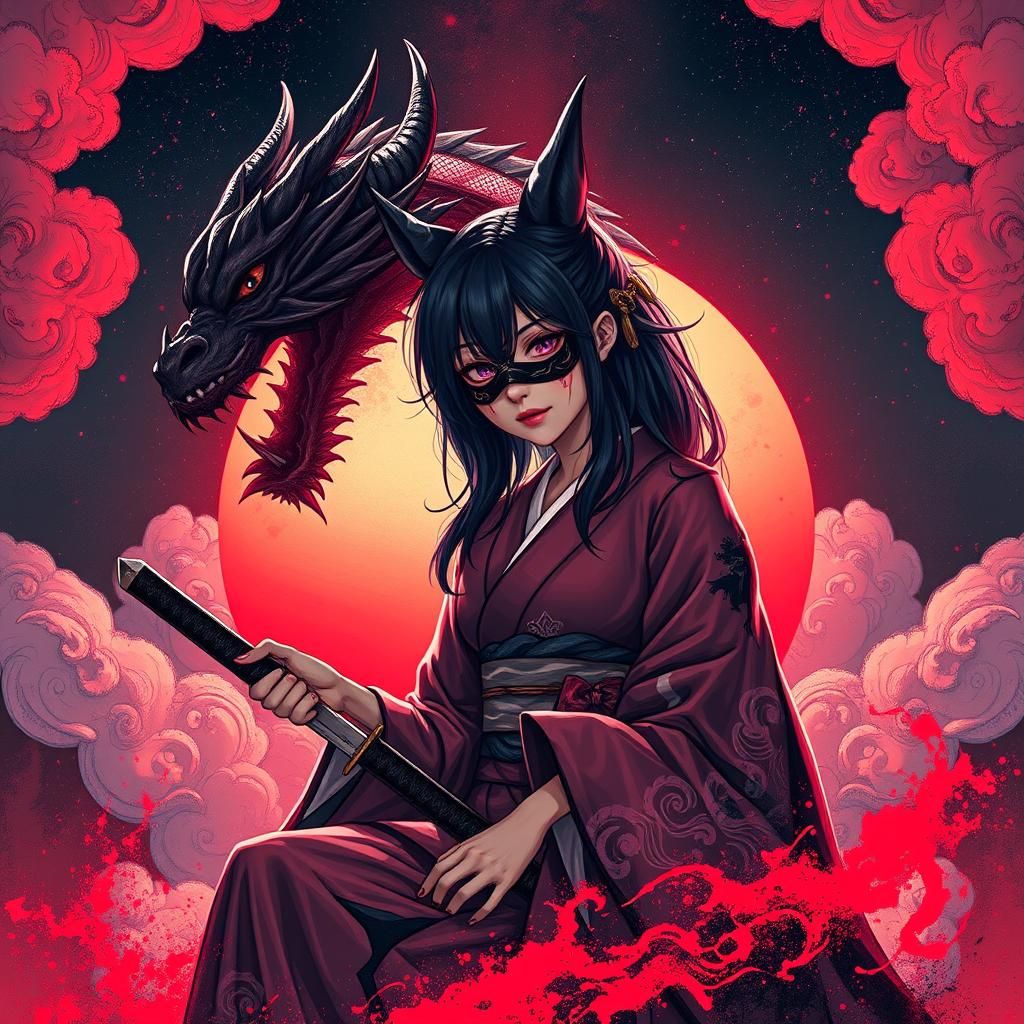 Yakuza Woman with Katana in Glitchcore Style