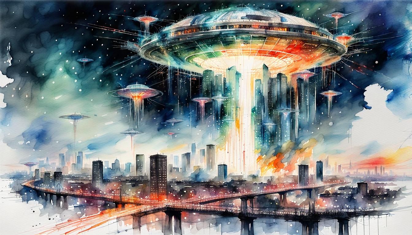	UFO alien invasion over a city, lasers, aliens,  by @Spearmint