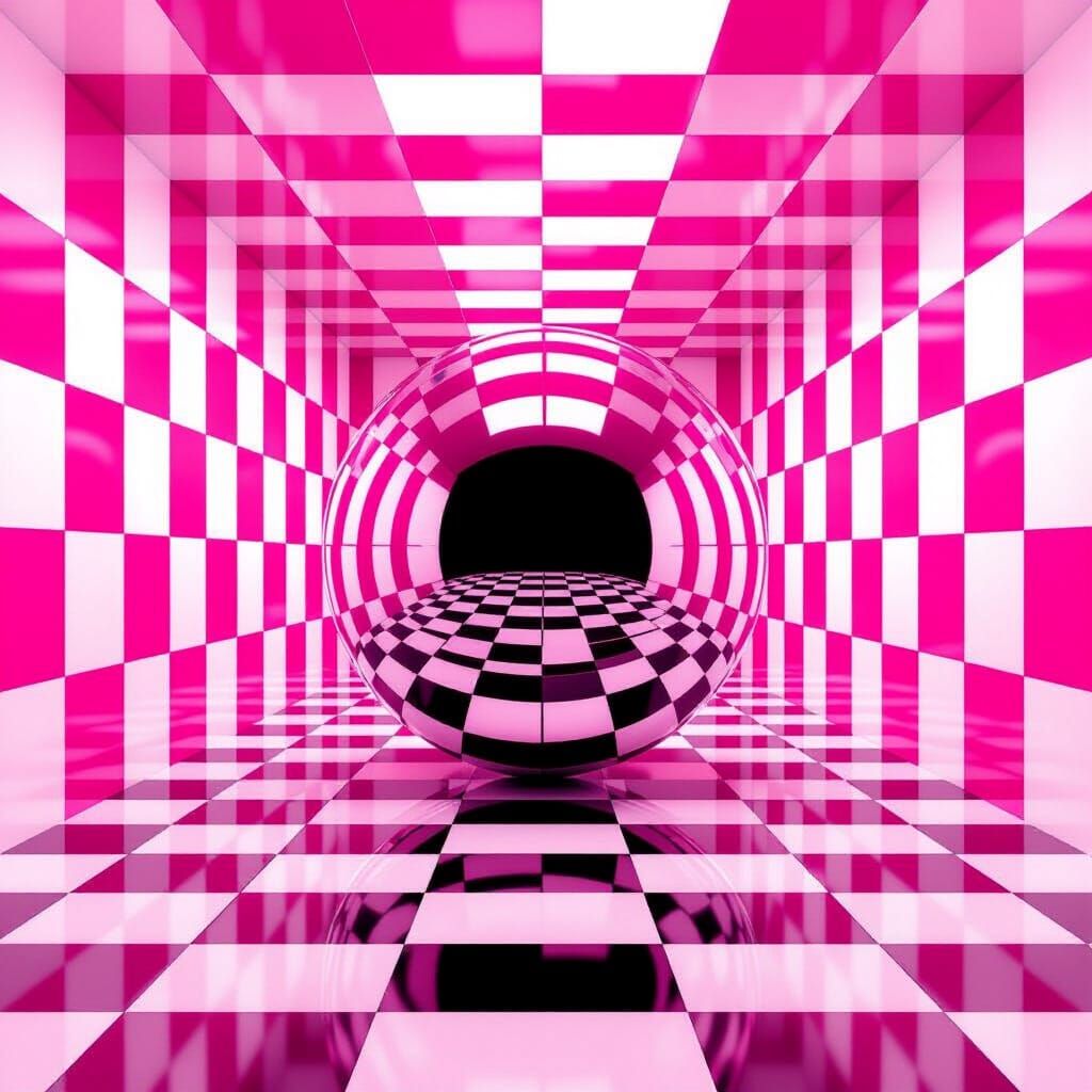 A highly stylized 3D render of a large reflective sphere positioned in the center of a room covered entirely in a pink and white checkerboar...