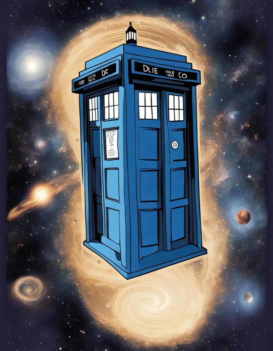 Dr who; hanging off tardis, in space, time travel, magical, patterning ...