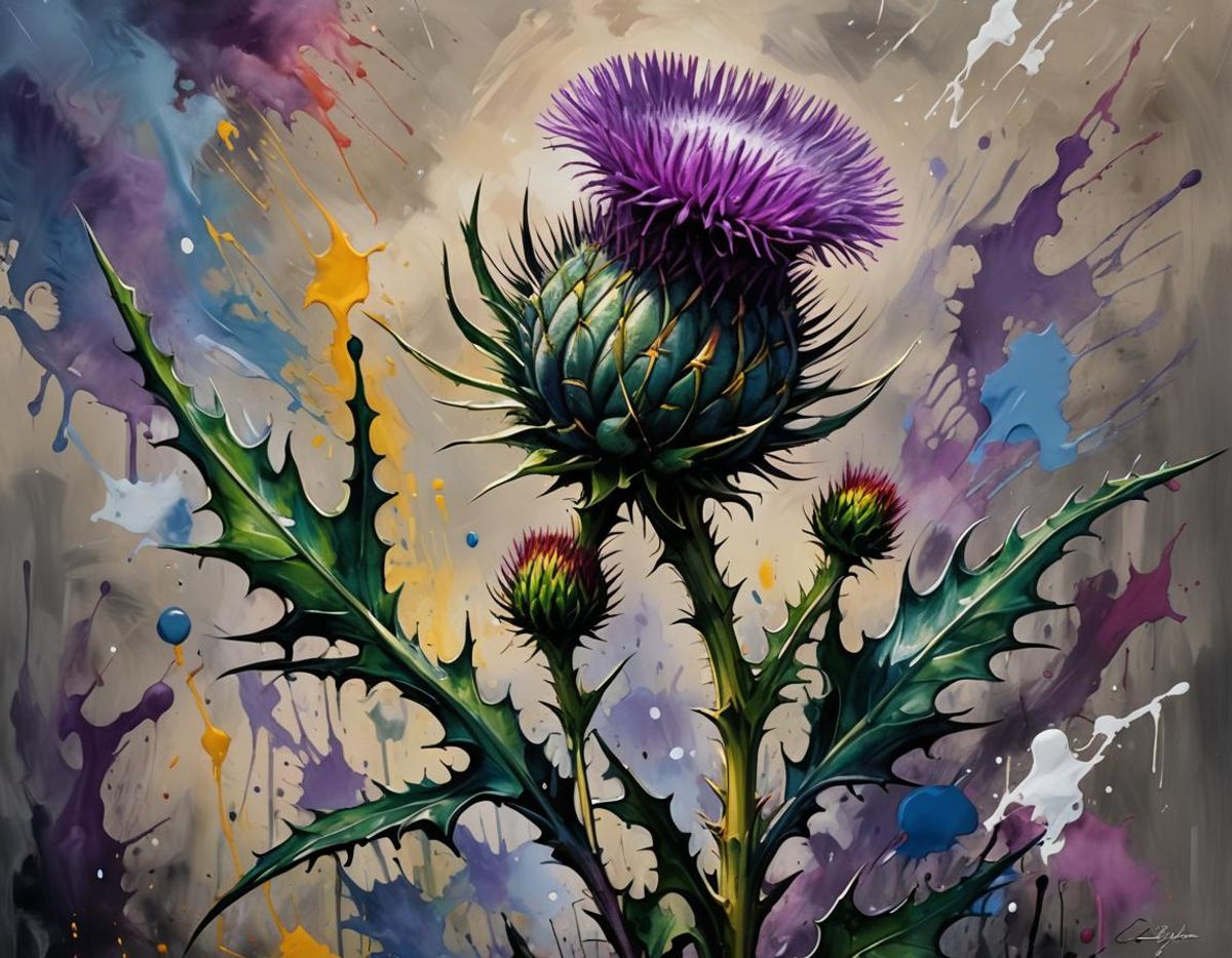 Oil painting of thistle, with blue and white splashes in the bg - AI ...