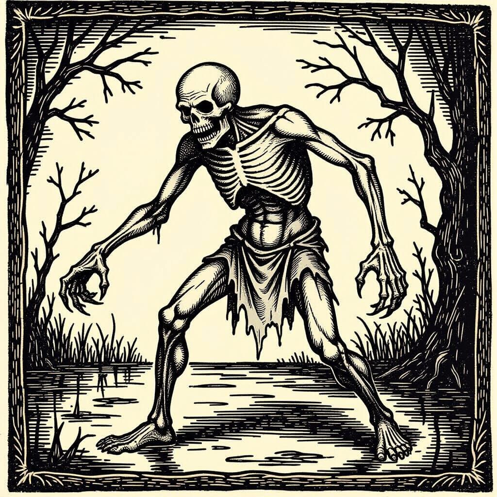 A medieval woodcut of a creepy person consisting of rotten flesh and dressed in a loincloth reaching for something.
The style is archaic wit...