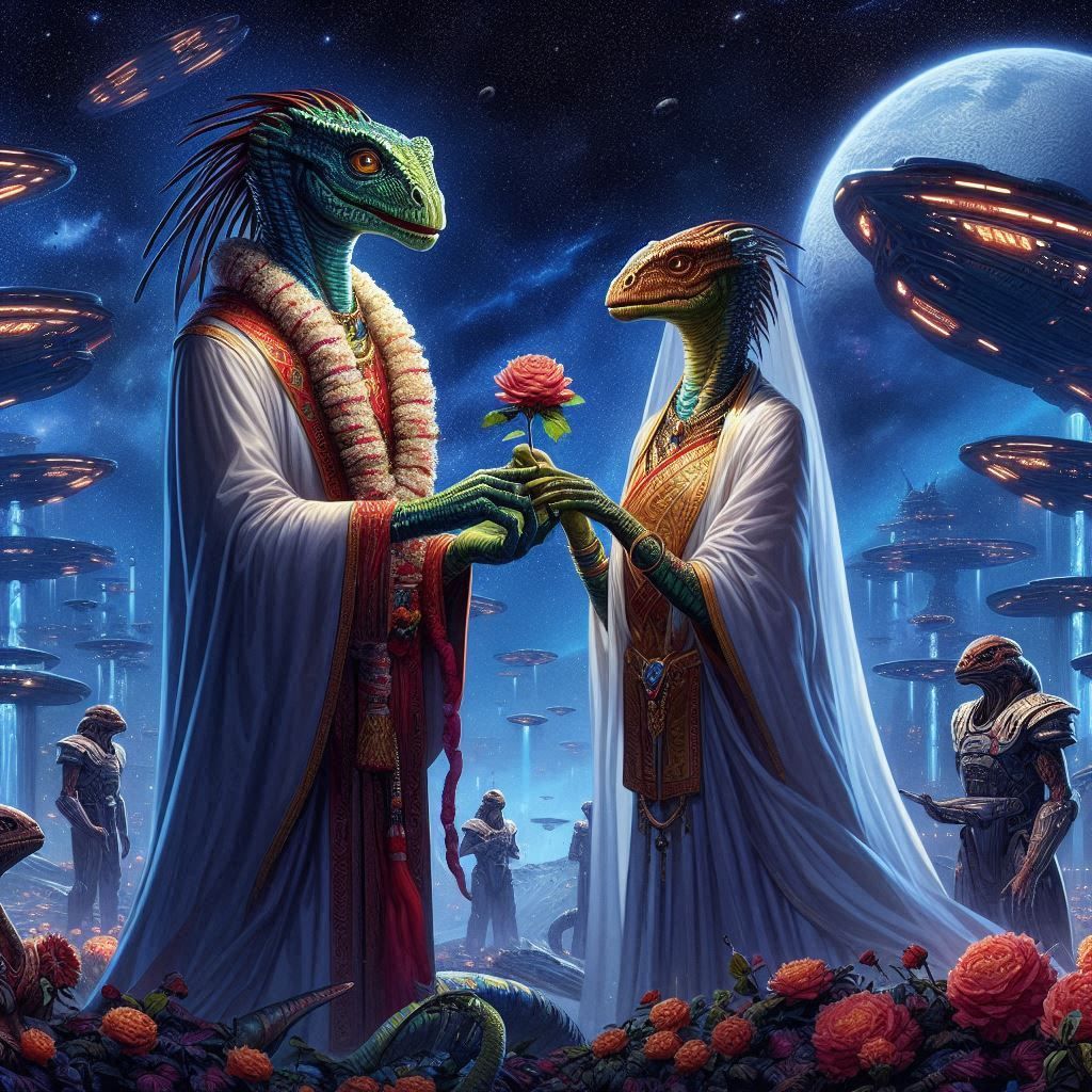 A reptilian couple exchanging vows on an alien planet in a s...