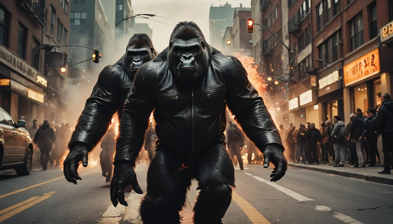 A giant gorilla wearing a leather jacket, rampaging through ...