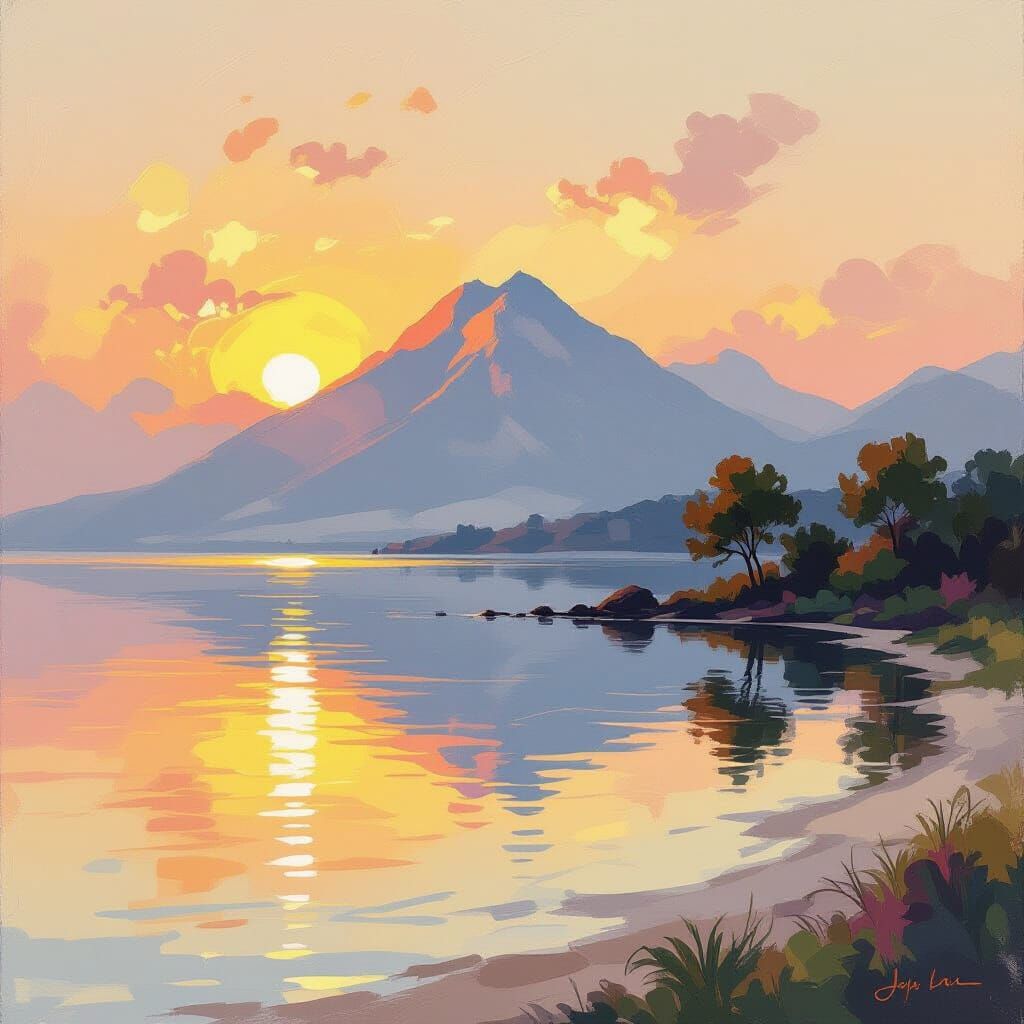 Create a soft, painterly sunrise with gentle golden light rising behind a mountain. The sea in front of the mountain has smooth, blended ref...