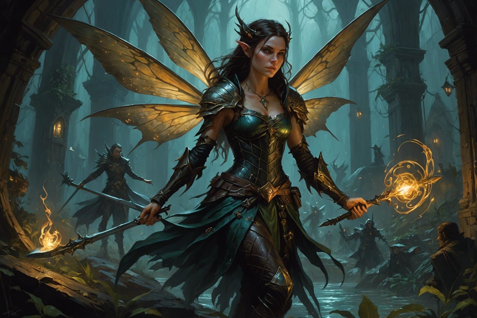 Fairies at Night in Dark Fantasy Oil Painting Style