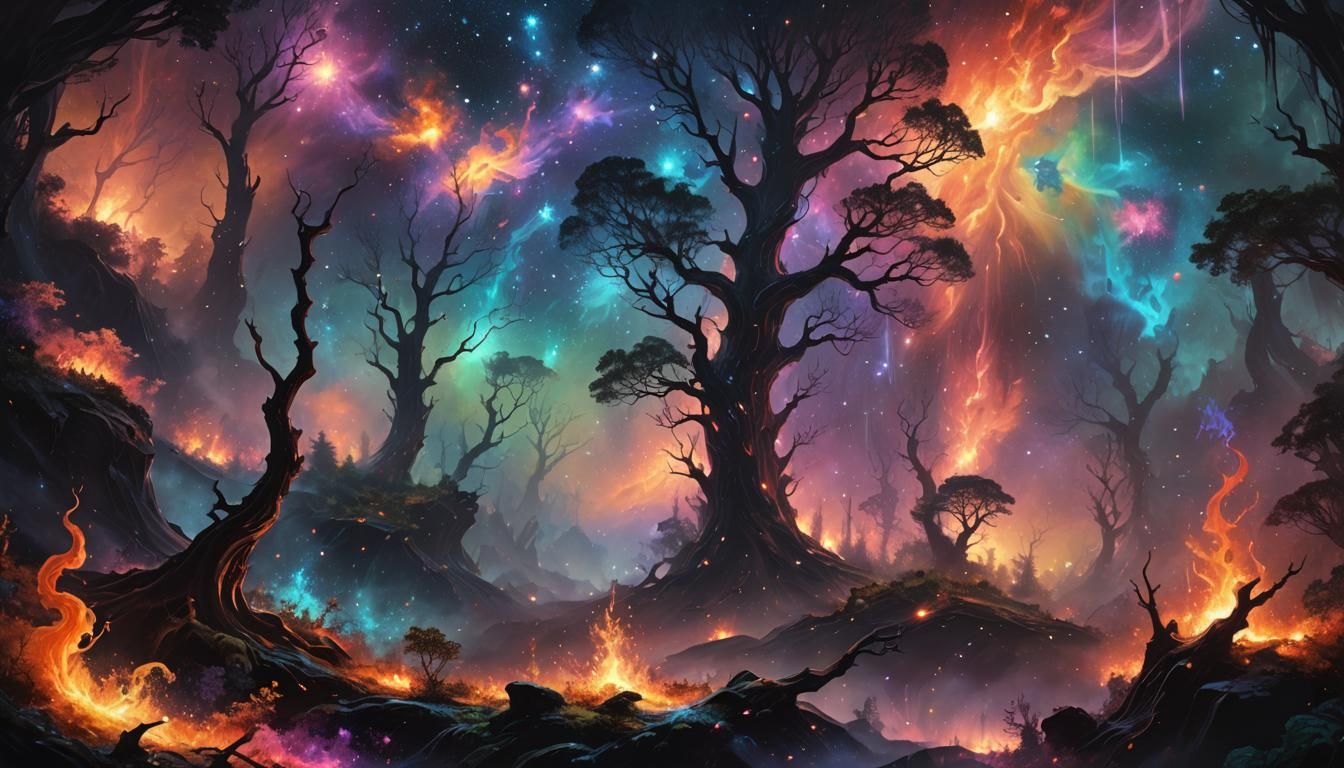 In a mesmerizing digital painting, A large space and below there is a fire in a open forest and a nebula ...  by @ le barbouilleur