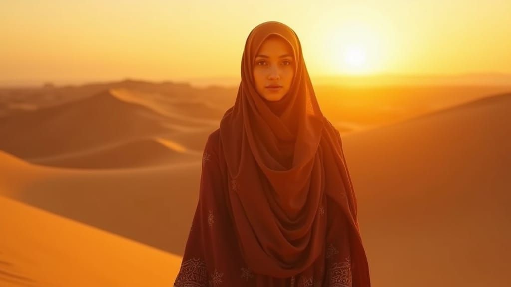 The woman in Hijab from first image can be seen riding the the regal desert horse in the second image. - Start Image 1