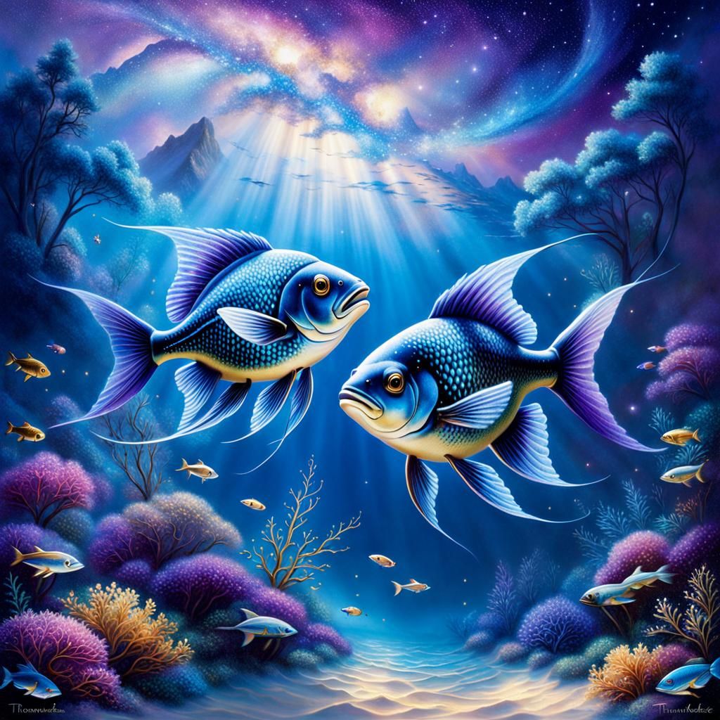 Pisces: Two fish swimming in opposite directions, using deep...