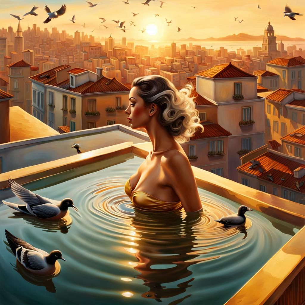Woman Bathes on Rooftop in Surreal Digital Art