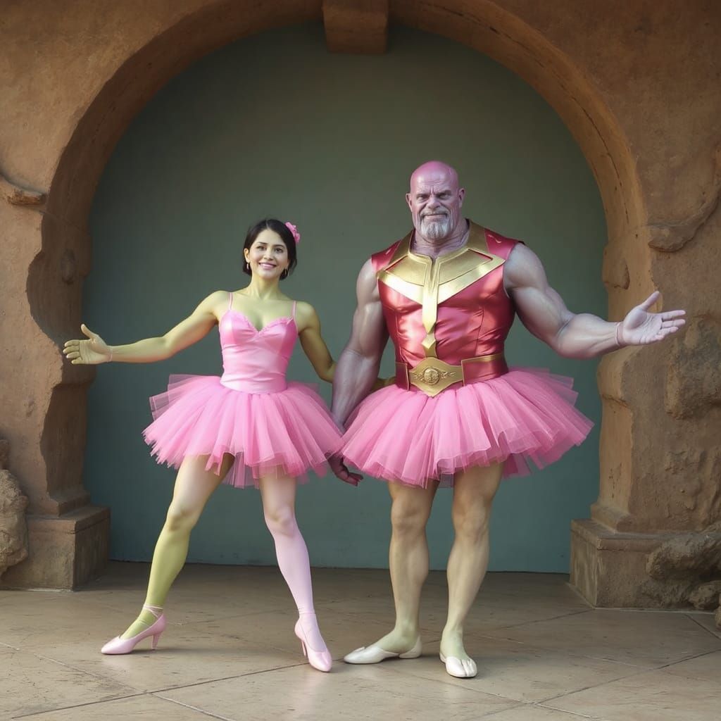 Hulk and Thanos wearing bright pink ballerina outfits