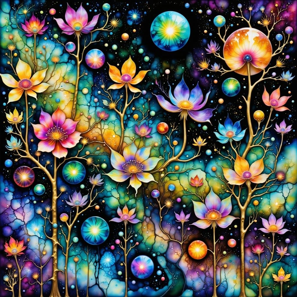 <lora:PR AlcoholWCGlass:1.0> <lora:hyperkraximalismus:1.0> A flat stained-glass window panel of a magnificent Astral Garden. The design feat...