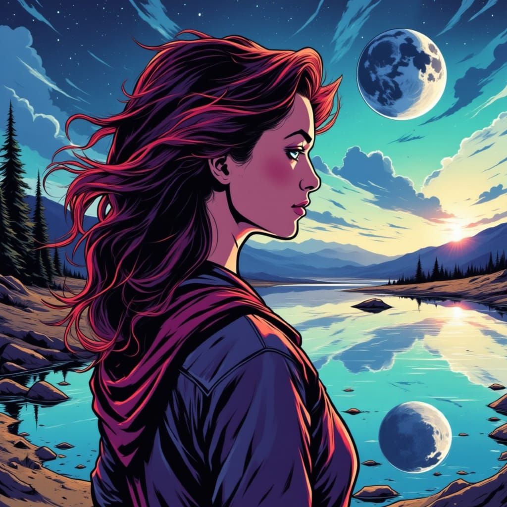 Double exposure. Side profile portrait of a beautiful woman. a colorful alien planet with huge moons reflected in the water in the valley <l...