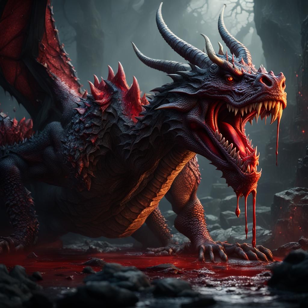 Scary dragon with blood dripping from its teeth. Folktale ho...