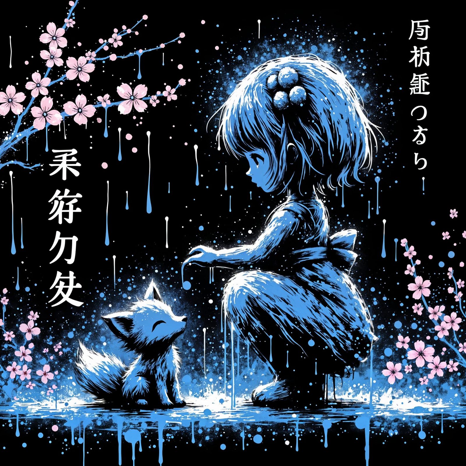 <lora:Inkblossom Noir:1.0> Splattered impasto artwork of a rough outline of silhouette of an adorable little girl petting an adorable lonely...