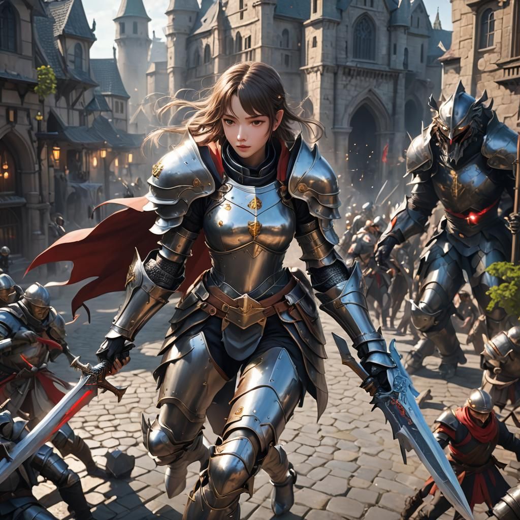 A beautiful girl in knight armour fighting off monsters and ...